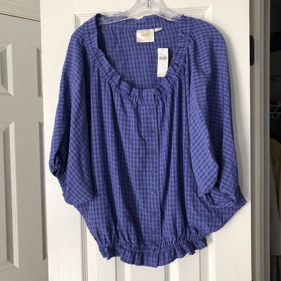 Maeve By Anthropologie Womens Blue Short Sleeve Off Shoulder Blouse Large NWT - Picture 2 of 9